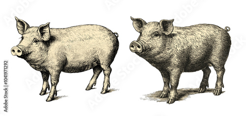 Vintage pig illustrations isolated on transparent background, classic farm animal artwork ideal for rustic decor and agricultural themes, PNG photo