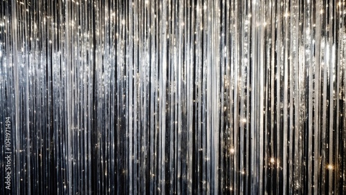 Long curtain backdrop of silver tinsel with black and white tones from a low angle view