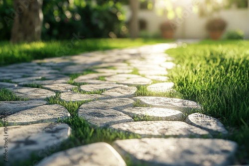 Serene Pathway with Patterned Stones and Lush Surroundings