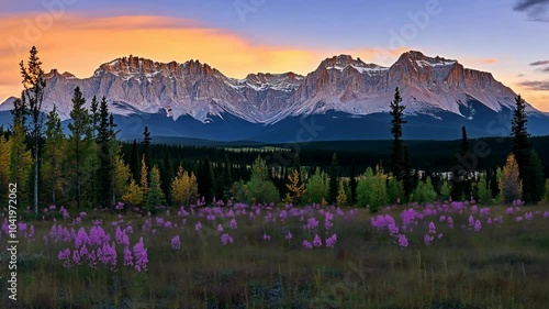 Wallpaper Mural A majestic mountain range stands tall against a vibrant sunset sky, with a field of purple wildflowers blooming in the foreground Torontodigital.ca