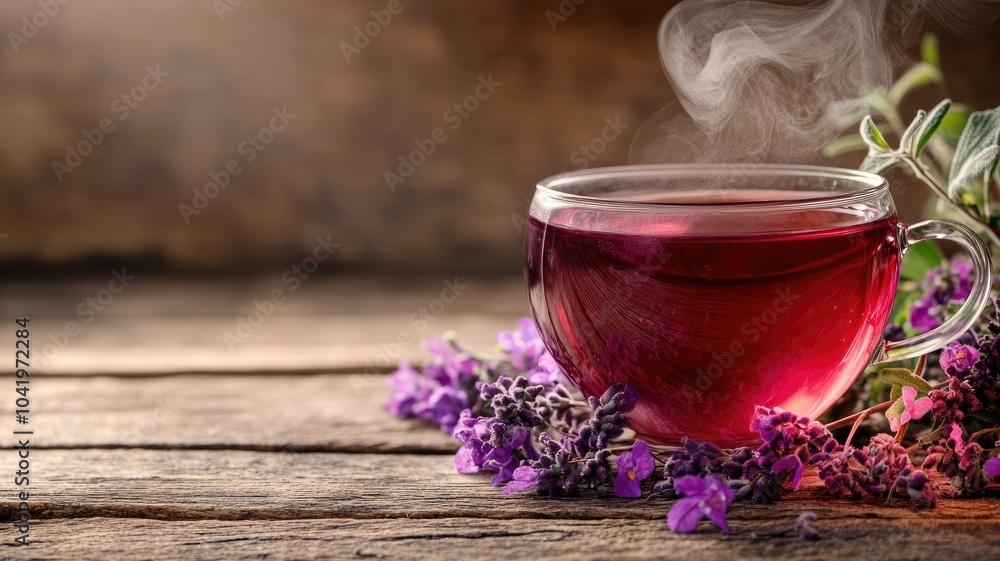 Steaming cup of herbal tea with burgundy color and purple flowers on a rustic wooden surface. Steaming cup of herbal tea with burgundy color and purple flowers on a rustic wooden surface.