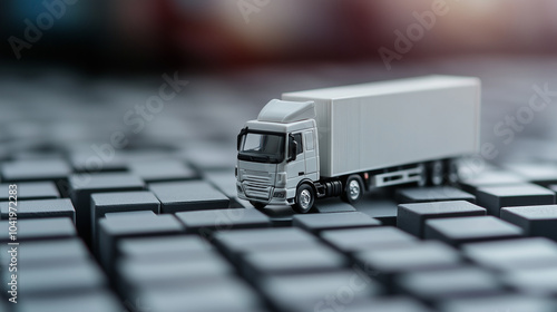 A macro perspective of a white toy truck on grey blocks, symbolizing logistics, with its crisp details standing out in sharp focus, while the blurred backdrop fades into soft tones
