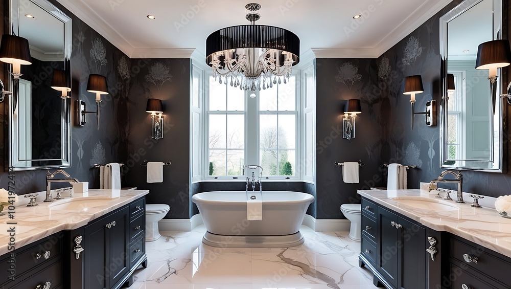 Modern bathroom featuring bold wallpaper and high-end lighting elements Modern bathroom featuring bold wallpaper and high-end lighting elements