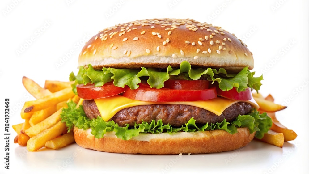 Delicious hamburger with french fries isolated