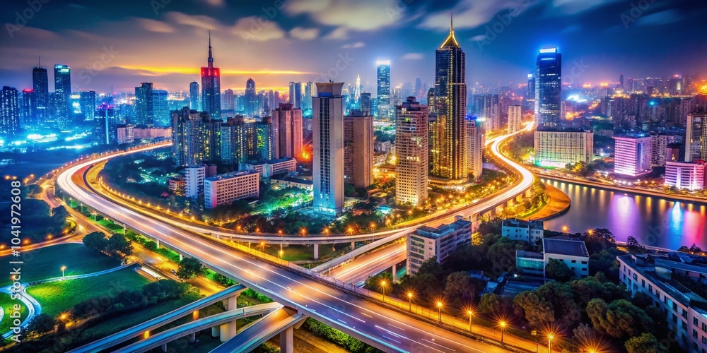 Obraz premium Night Lights of Fuzhou: Tilt-Shift Photography of Highways and Skyscrapers Illuminated in the Cityscape