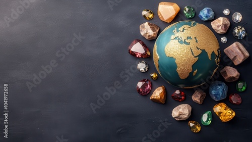 A globe surrounded by an array of colorful gems and minerals on a dark surface, symbolizing Earth's natural beauty and resources.