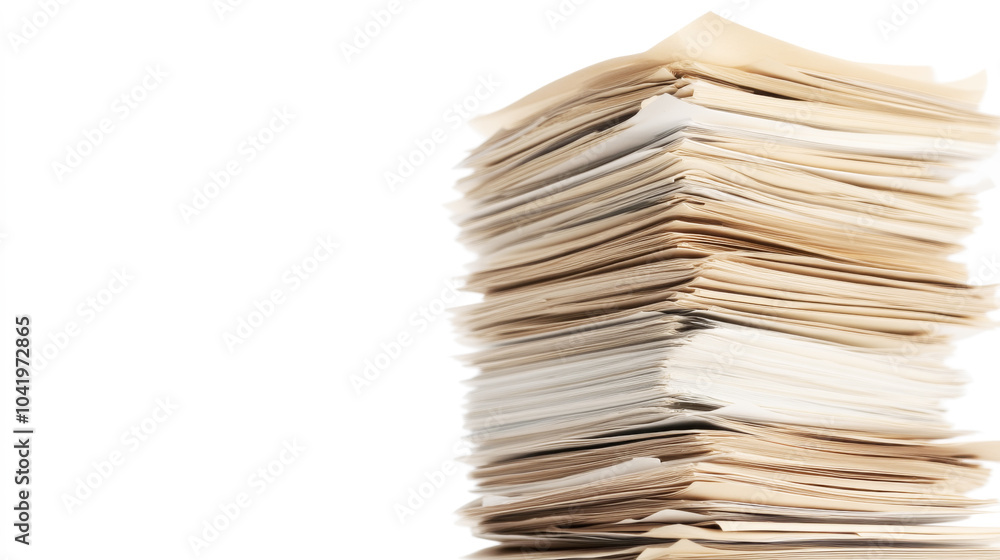 A Tall Stack of Paper Documents on a White Background A Tall Stack of Paper Documents on a White Background