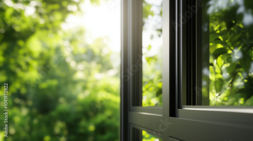 The sharp metal edges of an aluminum window frame gleam in the sunlight, contrasted by the soft blur of green trees outside, symbolizing secure, energy-efficient design.