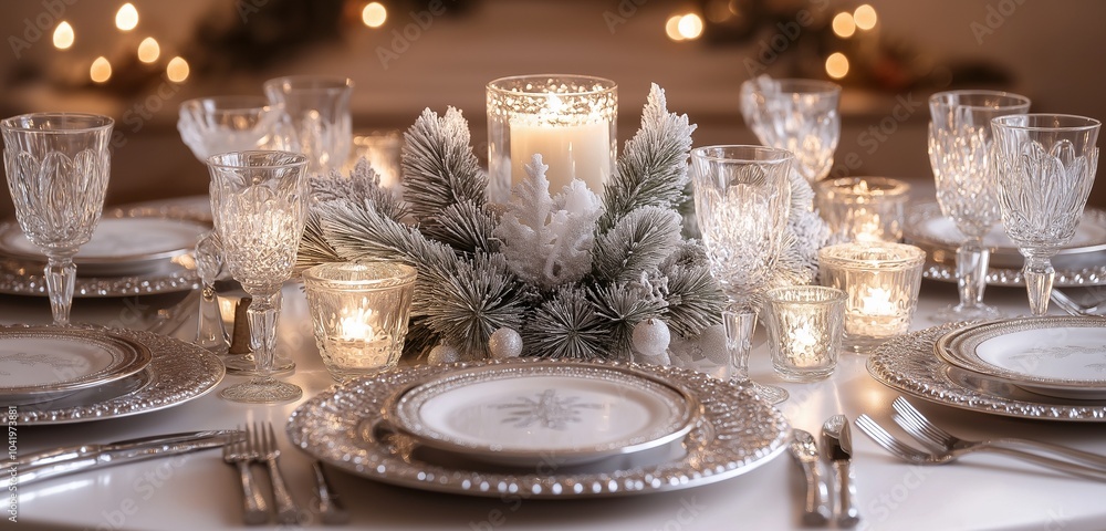 A glamorous Christmas table set with silver chargers, crystal glassware, and a shimmering silver and white centerpiece featuring candles and frosted pine branches. A glamorous Christmas table set with silver chargers, crystal glassware, and a shimmering silver and white centerpiece featuring candles and frosted pine branches.