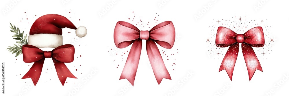 Christmas decorations including a Santa hat and red bows, white isolate background. Christmas decorations including a Santa hat and red bows, white isolate background.