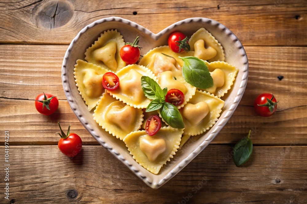 Delicious homemade heart shaped ravioli on a rustic wooden table Delicious homemade heart shaped ravioli on a rustic wooden table