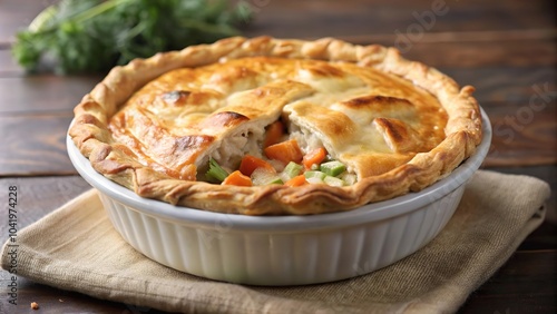 Homemade chicken pot pie with flaky crust and colorful vegetables on a rustic wooden table