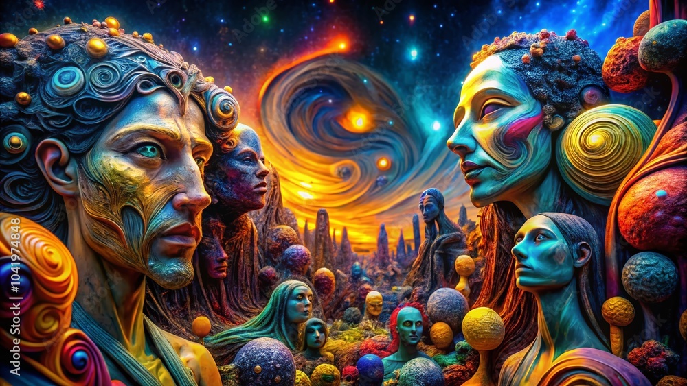 Fototapeta premium Night Photography of Dynamic Sculptures Showcasing Human Emotions and Mind Complexity