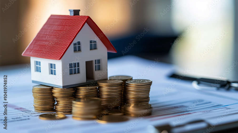 A small house model balanced atop a row of coins, with a notepad and financial documents in the background, symbolizing property as a long-term investment strategy. A small house model balanced atop a row of coins, with a notepad and financial documents in the background, symbolizing property as a long-term investment strategy.