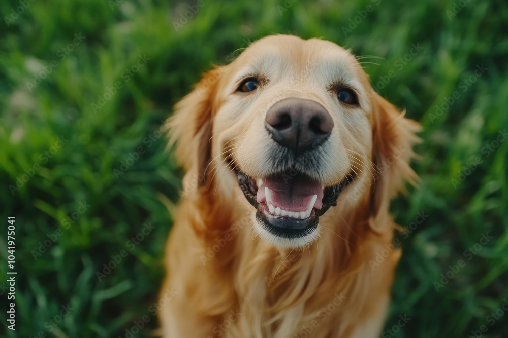 Obraz premium Happy Golden Retriever Smiling in Green Grass