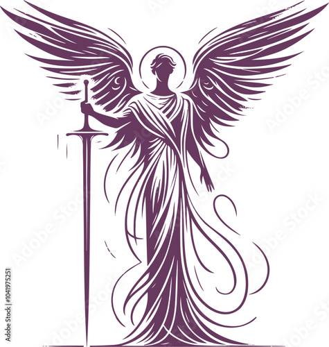 Stylized Angel with Sword in Flowing Robes and Halo