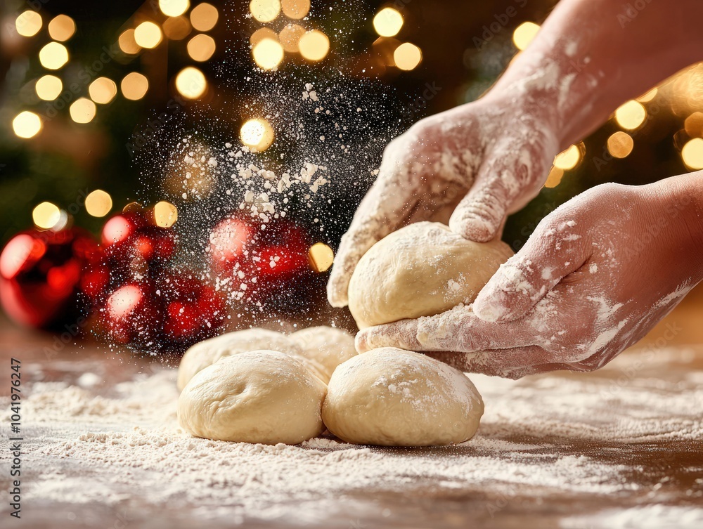 Artisan Hands Crafting Freshly Made Dough in a Cozy Festive Atmosphere Artisan Hands Crafting Freshly Made Dough in a Cozy Festive Atmosphere