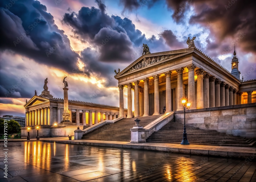 Obraz premium Night Photography of the Academy of Athens on a Cloudy Day for Amazing Cityscape and Architectural Imagery