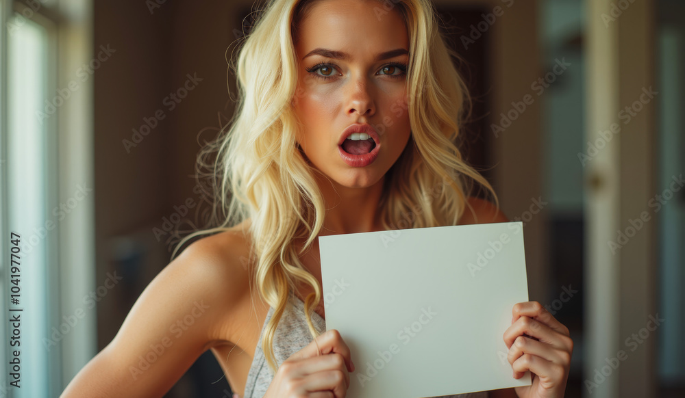 a blonde woman holds up a blank sign that says she is holding it . a blonde woman holds up a blank sign that says she is holding it .