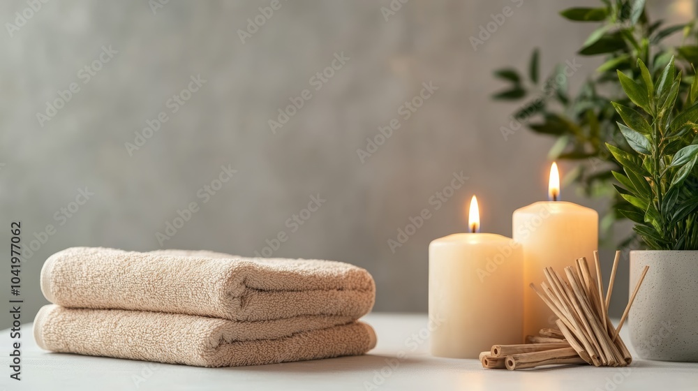 Two fluffy towels are lying on a table next to two burning candles and a green plant, creating a relaxing atmosphere for a spa treatment Two fluffy towels are lying on a table next to two burning candles and a green plant, creating a relaxing atmosphere for a spa treatment