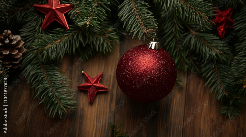 Top view, Decorations from the branches of a Christmas tree on a wooden table Top view, Decorations from the branches of a Christmas tree on a wooden table