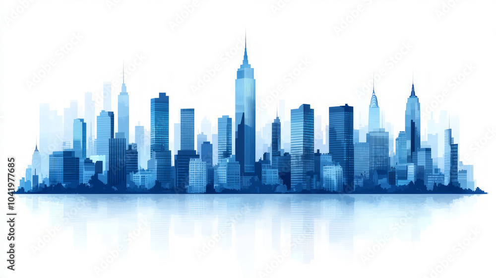 Blue city landmark skyline reflection illustration Blue city landmark skyline reflection illustration