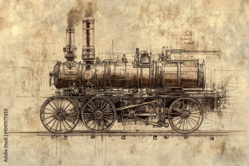 Artistic sketch of a 18th-century steam engine