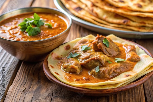Delicious macro shot of Roti Parata or Roti canai with lamb curry sauce, traditional Indian cuisine