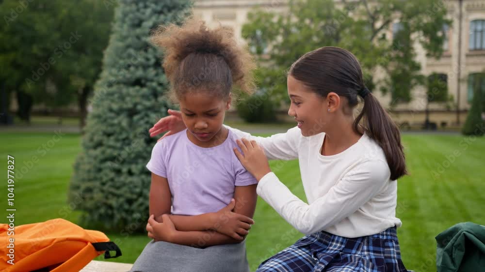 Friends quarrel two little girls African American children sisters schoolgirls students offended worried sad female outdoors classmate sorry apologize calm support kids friendship school education Friends quarrel two little girls African American children sisters schoolgirls students offended worried sad female outdoors classmate sorry apologize calm support kids friendship school education