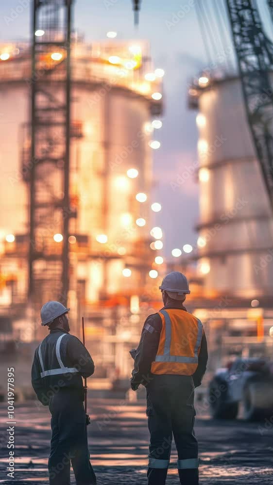 Two workers assess the industrial site as dusk settles, emphasizing workplace safety and teamwork Two workers assess the industrial site as dusk settles, emphasizing workplace safety and teamwork