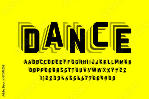 Dance. Jumping letters style font design, alphabet letters and numbers vector illustration