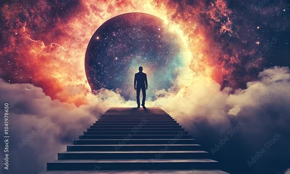 Man Ascending Stairs Toward Celestial Portal Man Ascending Stairs Toward Celestial Portal