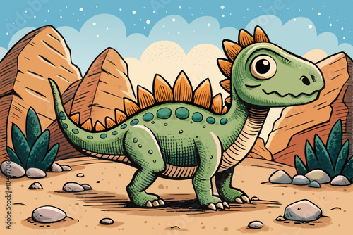 dinosaur on rocky desert background vector illustration, aesthetics hand drawn sketch