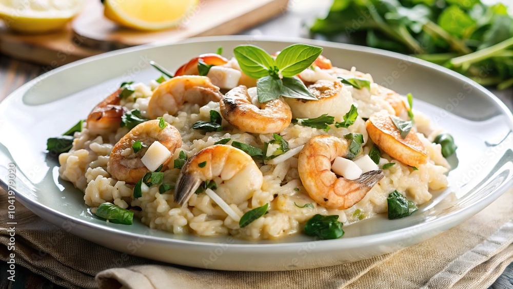 Delicious mushroom risotto with spinach, grilled shrimp, and parmesan cheese Delicious mushroom risotto with spinach, grilled shrimp, and parmesan cheese