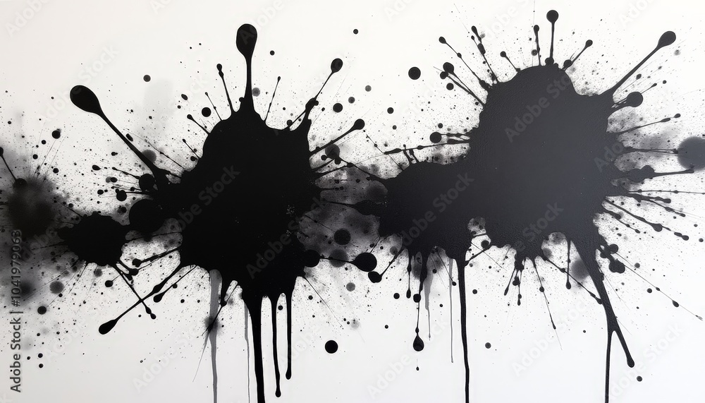 The bold contrast of black paint splatters dances across a white canvas, capturing the essence of artistic freedom and energetic spontaneity in an abstract form The bold contrast of black paint splatters dances across a white canvas, capturing the essence of artistic freedom and energetic spontaneity in an abstract form