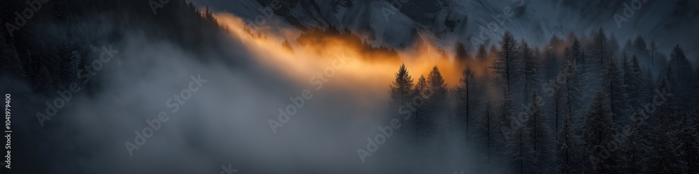 Fototapeta premium A forest with trees covered in snow and a foggy mist. The trees are silhouetted against the sky, creating a sense of mystery and solitude. The foggy mist adds to the atmosphere