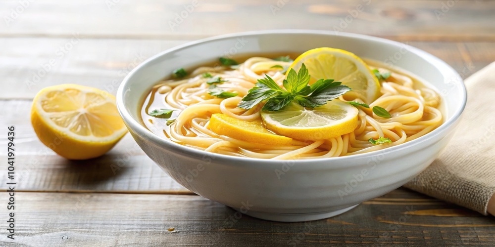 Delicious noodle soup with a twist of lemon viewed from a tilted angle Delicious noodle soup with a twist of lemon viewed from a tilted angle
