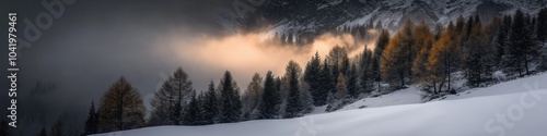 A serene winter landscape with snow-covered trees and a foggy sky. The trees are tall and covered in snow, creating a beautiful and peaceful scene. The fog adds a sense of mystery