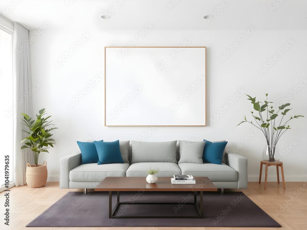 Beige couch with blue pillows in a minimalistic room with a large picture frame. Beige couch with blue pillows in a minimalistic room with a large picture frame.