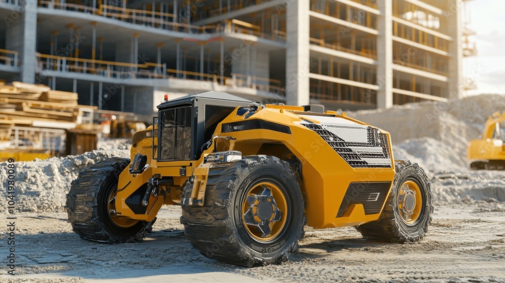 Fototapeta premium A sophisticated AI-driven autonomous construction vehicle, clean building site with advanced machinery designed for precise and efficient construction tasks, Construction style