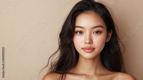 Wallpaper Mural A young asian woman with flowing dark hair and subtle makeup stands confidently, capturing a gentle expression against beige wall Torontodigital.ca