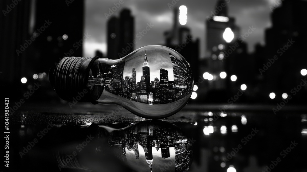 Reflection of Urban Skyline in Light Bulb Reflection of Urban Skyline in Light Bulb