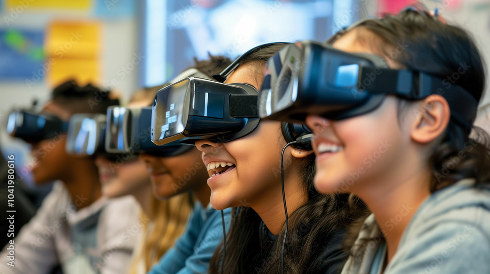 School children using VR headsets in a classroom, learning through virtual reality. School children using VR headsets in a classroom, learning through virtual reality.