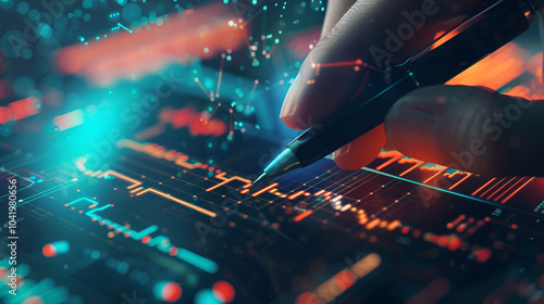 A vibrant blue and red background filled with intersecting lines and scattered dots, A scatter plot showing the correlation between market volatility and trade volume