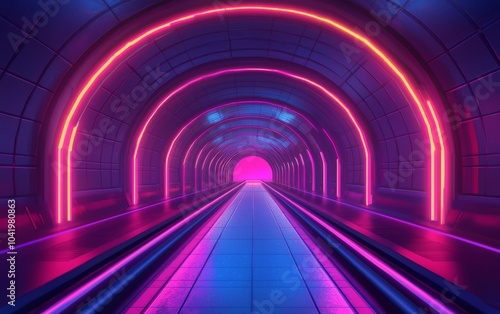 Futuristic tunnel with neon lights leading to an illuminated exit.