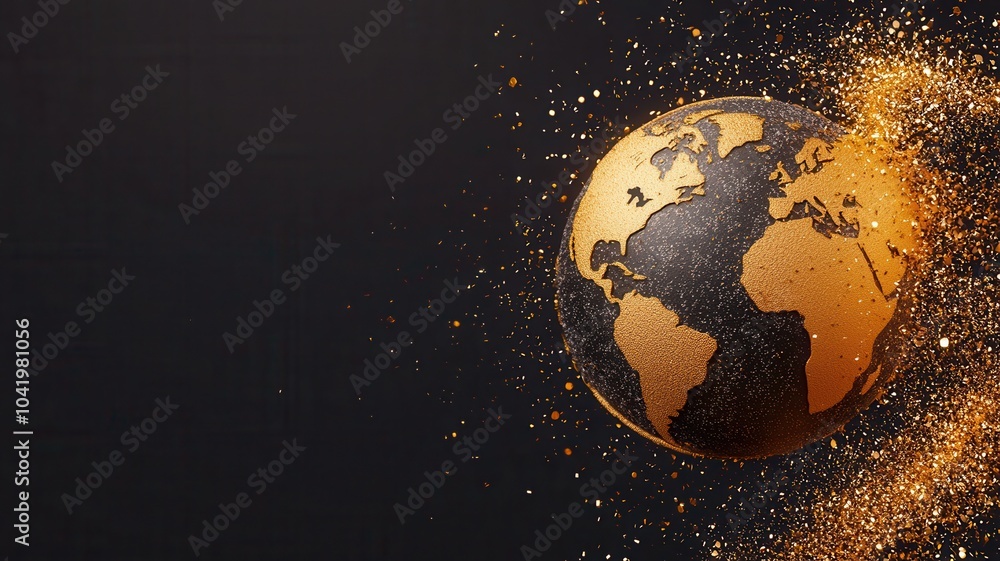 A golden globe surrounded by a shimmering aura of particles against a dark background, representing global connectivity and transformation. A golden globe surrounded by a shimmering aura of particles against a dark background, representing global connectivity and transformation.