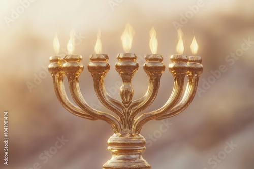 Golden Menorah with Flames Glowing Brightly photo