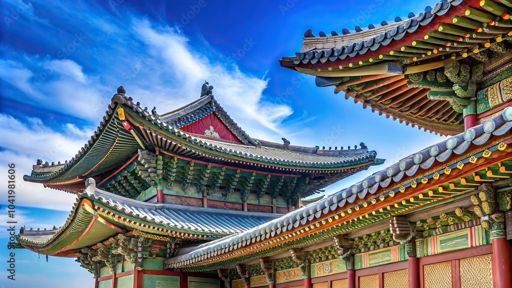 Scenic view of Gyeongbokgung Palace with blue sky above eaves Scenic view of Gyeongbokgung Palace with blue sky above eaves