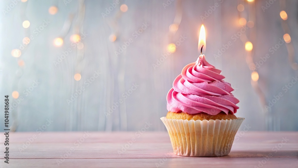 Delicious pink cupcake with creamy frosting and lit candle on top