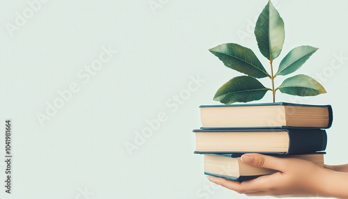 A hand holds a stack of books topped with a small green plant, symbolizing growth and knowledge. photo